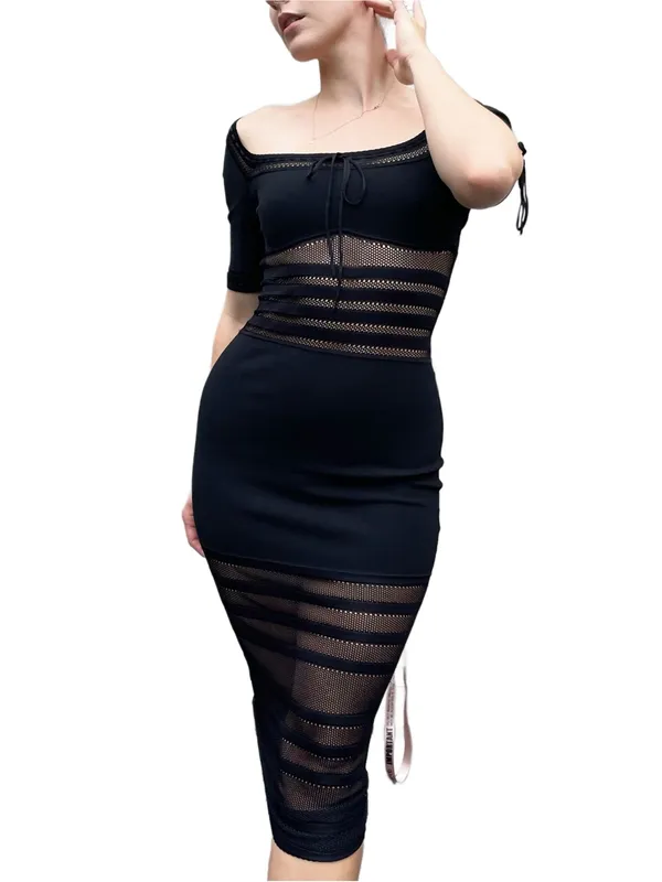 House of CB Mila Black Stretch Knit Bodycon Midi Cocktail Dress Small - Image 2