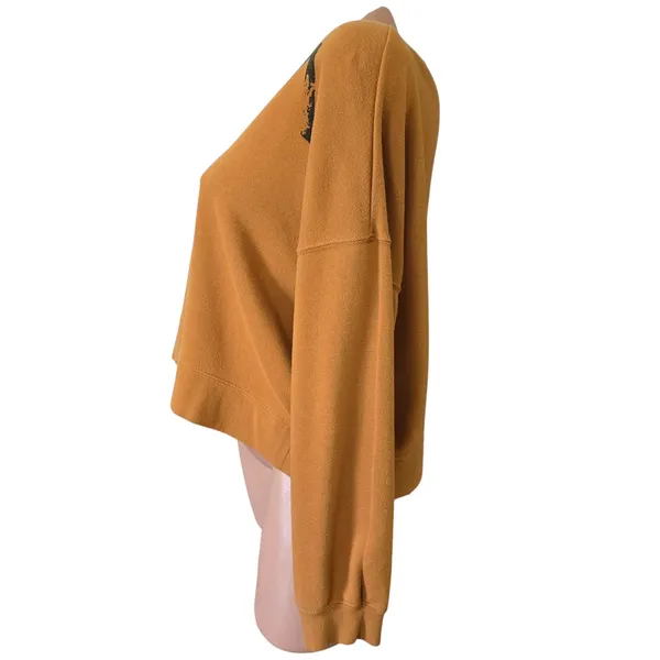 RVCA Pullover Sweatshirt Large Mustard Yellow Cropped Graphic Logo Boxy Fit - Image 3