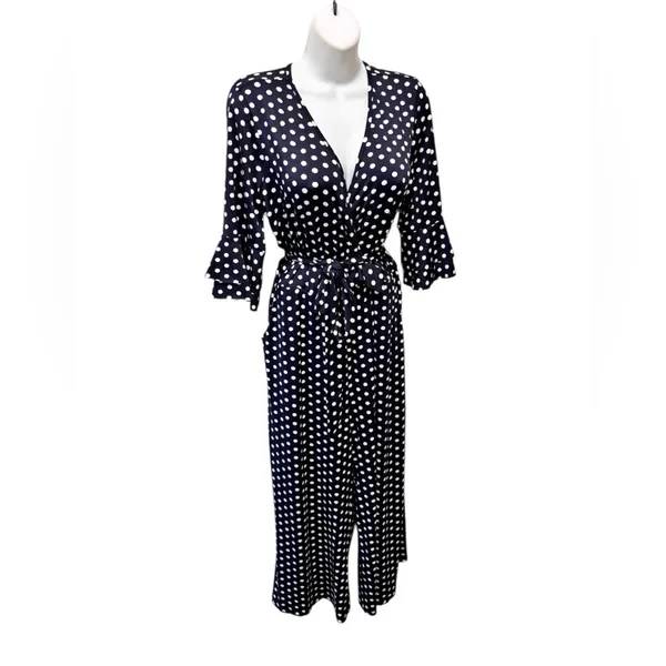 Venus Wide Leg Belted Jumpsuit Sz L Navy White Polka Dot Wrap Bust SS Cropped - Image 5