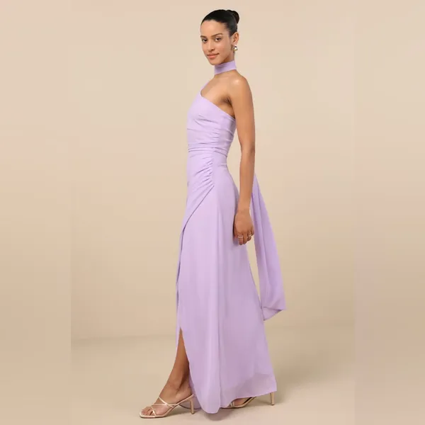 LULU’S Adeline Lavender One-Shoulder Scarf Maxi Dress - Image 4