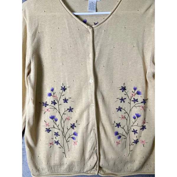 Vintage Cottagecore Yellow Floral Embroidered Cardigan Soft Girl Grandpa Core MD - Image 2