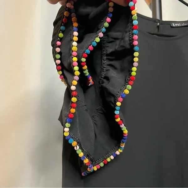 Very J Black Shift Dress with Rainbow Pom Pom Ruffle Sleeves Small - Image 6
