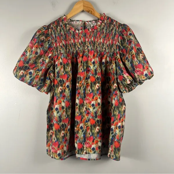 TCEC GREEN FLORAL SMOCK TOP puff sleeve cotton size medium - Image 2