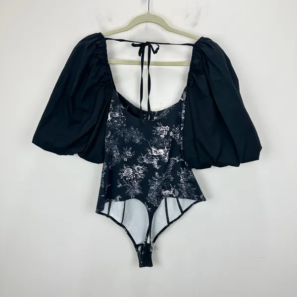 Free People Prarie Rose Puff Sleeve Bodysuit Black Coquette Romantic Large NWT - Image 9