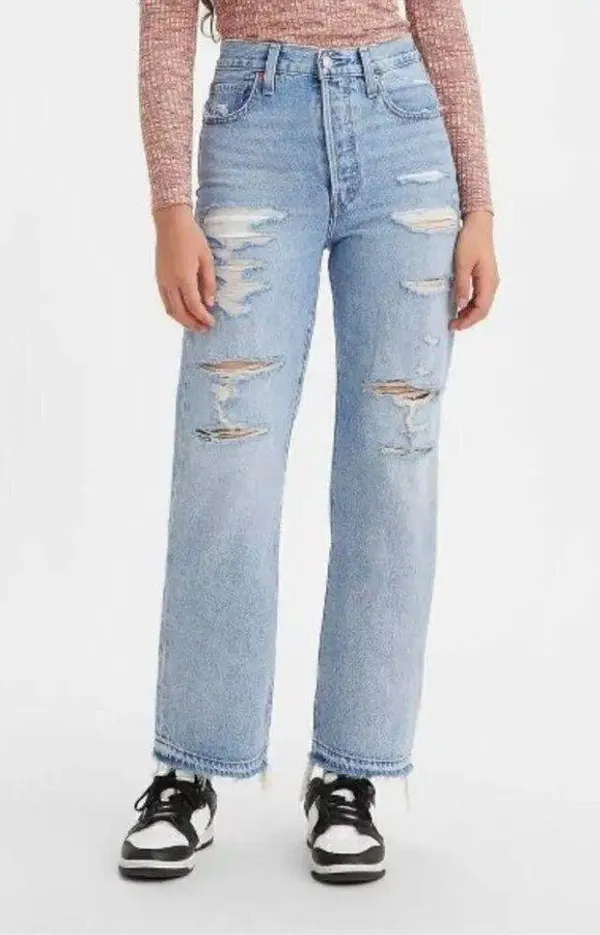 LEVI'S Ribcage High Rise Destructed Straight Jeans in Wash Haleys Comment US 28 - Image 14