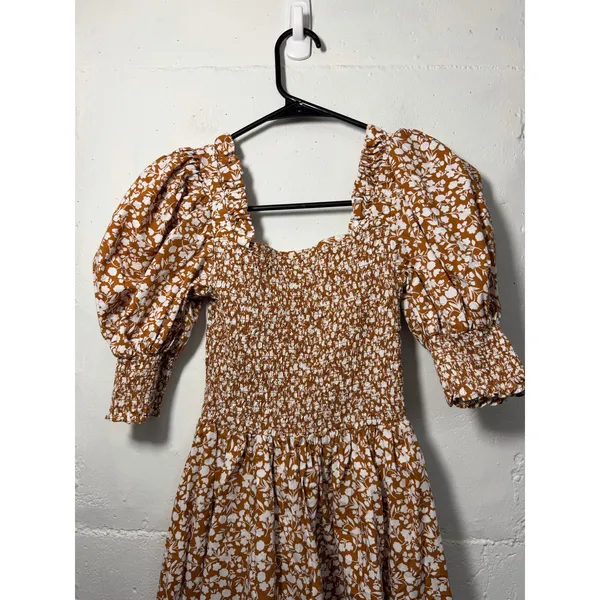 1.STATE Womens Size XS brown floral print mini dress puff sleeves smocked bodice - Image 9