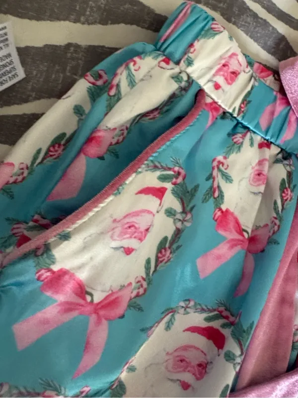Turquoise Satin Wide-Leg Pajama Pants with Pink Bow & Santa Print - Image 2