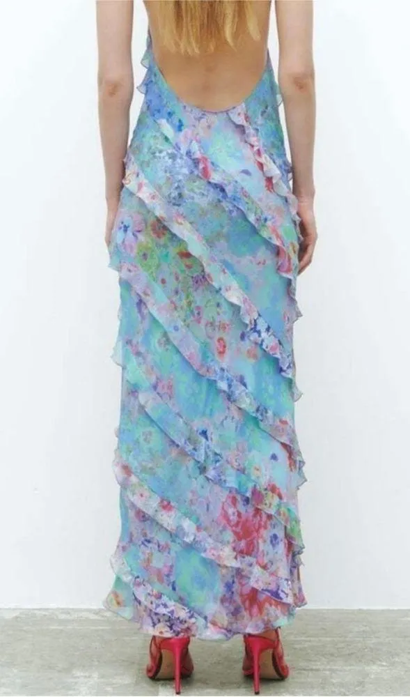 Zara ruffle printed halter midi Dress NEW - Image 8