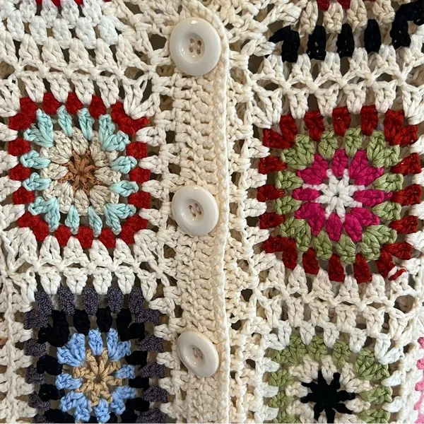 Boho Grandma Crochet Patchwork Knit Cardigan Sweater Size S Cottage Festival - Image 3