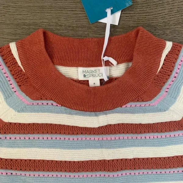Pastel Stripe Pointelle Lightweight Knit Sweater Coastal Grandma Boho Size M NWT - Image 4