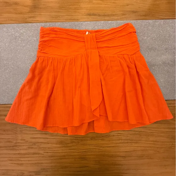 Free People Orange Smocked Elastic Waist Mini Skirt Pleated Gauze Ruffles Large - Image 2