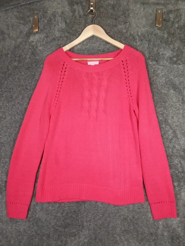 Lilly Pulitzer Bright Pink Cable Knit Crewneck Sweater Seana Pullover Womens L - Image 3
