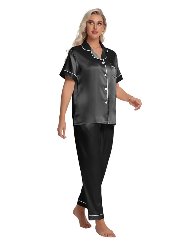 Women's Satin look/ feel Pajama Set - Black with White Piping - Image 5