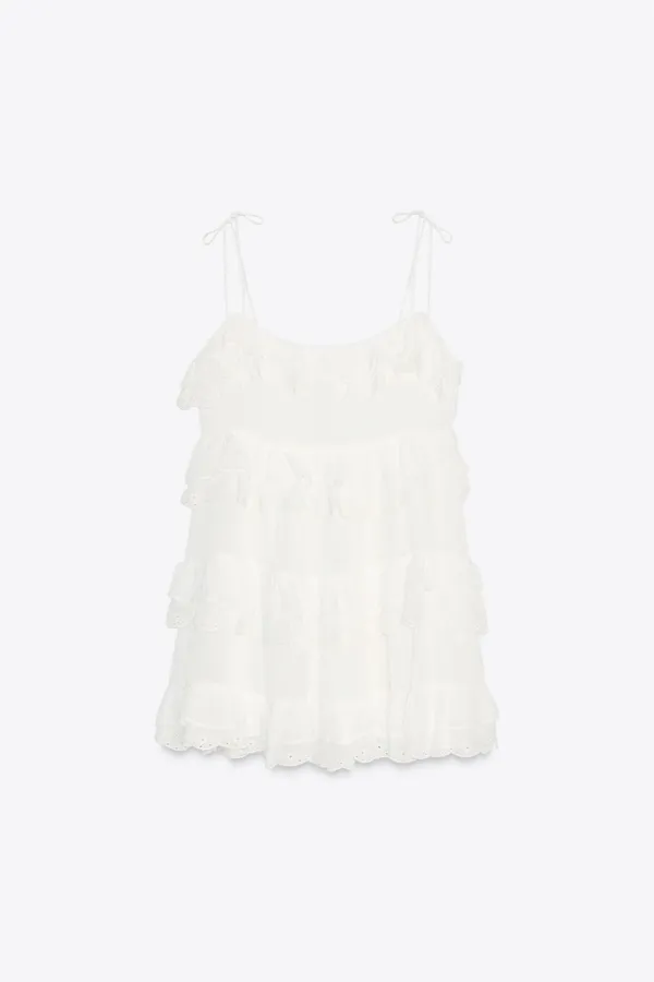 Zara White Ruffled Tie-Shoulder Bohemian Lace Trim Mini Dress - Image 11