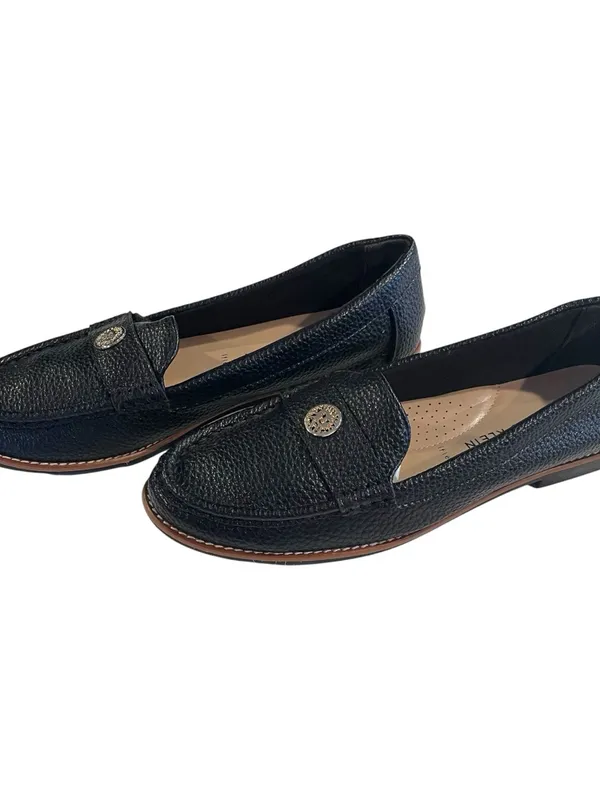 Anne Klein Iflex Loafers Women 8.5 Black Pebble Leather Gold Medallion Slip On - Image 3