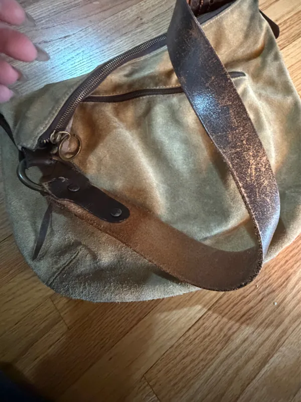 Sundance Suede Shoulder Bag in Taupe with Brown Leather Strap - Image 4