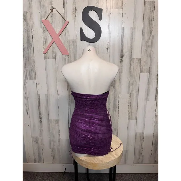 Purple Sequin Bodycon Mini Dress XS Strapless Lace Up Side Party Club - Image 3