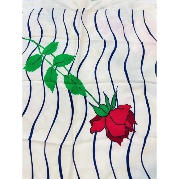 Christian Dior Vintage Silk Scarf Red Rose Navy Wavy Stripe Cream Made in France - Image 9