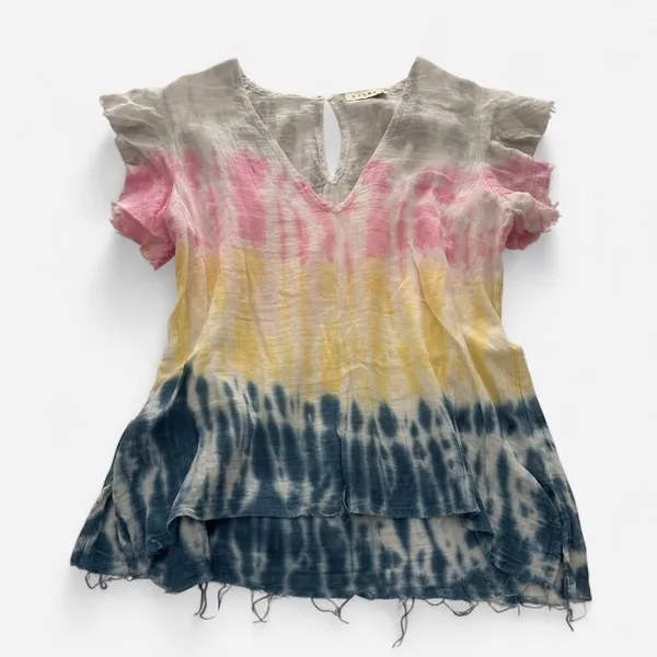 StarkX Tie-Dye Colorful rainbow Cotton Gauze Frayed Hem Top Luxury Boho M - Image 3