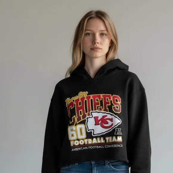 NWT NFL Kansas City Chiefs Short Hoodie Black Attached Hood Ladies Sz Large - Image 2