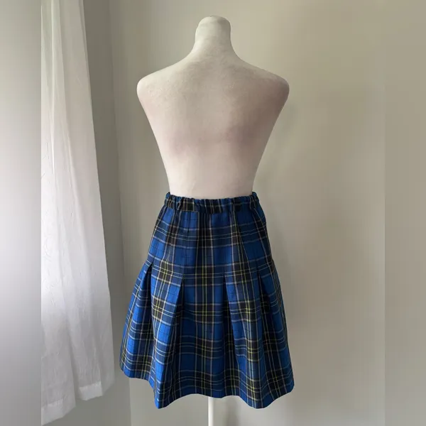 Royal Blue & Black Plaid Pleated Elastic Waist A-Line Knee Length Skirt - Image 5