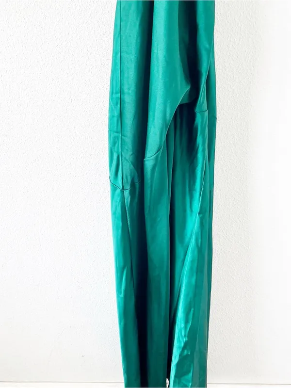 Revelry Amaya Emerald Green Satin Halter Open Back High Slit Formal Gown - Image 4