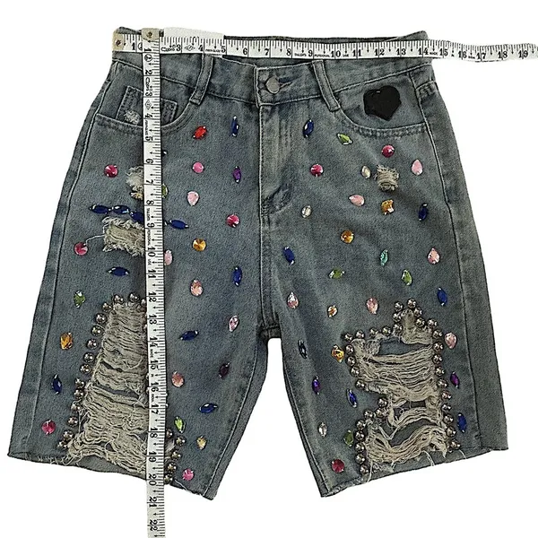 Streetwear bedazzled Jewel Studded bling frayed high Waisted Denim Shorts NWT LG - Image 5