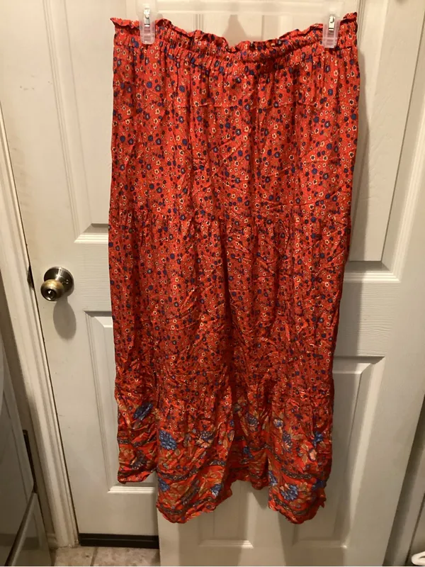 Women's Red Floral Tiered Maxi Skirt - Lightweight Boho Style - Image 2