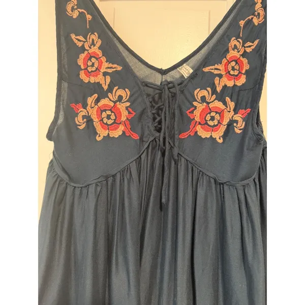 Free People Intimately Navy Blue Floral Embroidered Lace Up Mini Dress Small - Image 12
