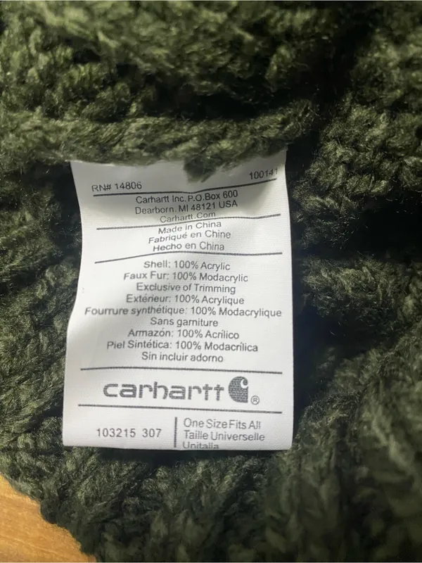 Carhartt Dark Green Knit Beanie with Faux Fur Pom - Image 4