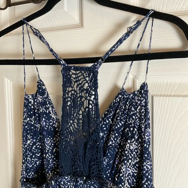 Lucky Brand John Robshaw Crochet Lace Back Maxi Dress Navy Blue White Small Boho - Image 8
