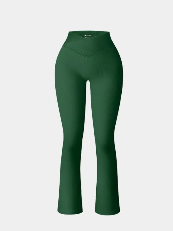 OQQ Ribbed Cross Over High Waist Lounge Pants- Darkgreen - Image 3