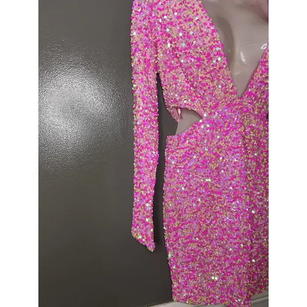 Petal + Pup Dress Womens Medium Pink Sequin Cutout V Neck Bodycon Mini Party - Image 3