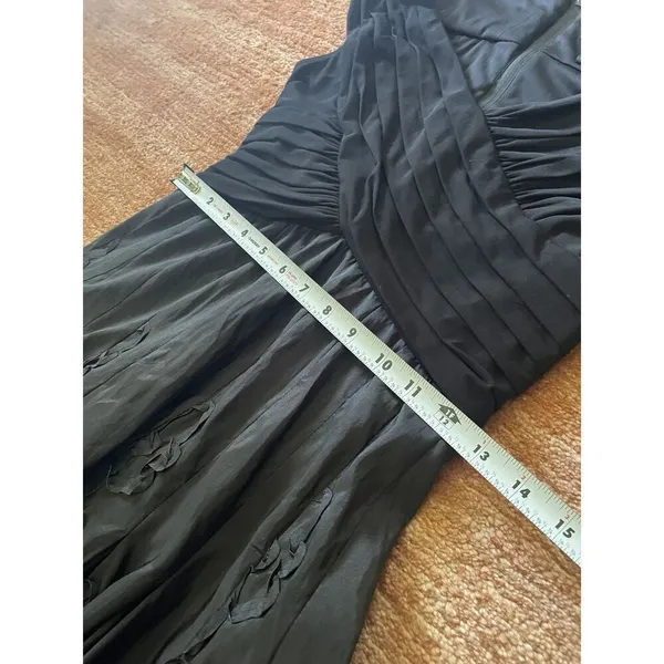 Adrianna Papell Black Ruched Fit Flare Midi Dress Textured Floral Skirt Sz 4 - Image 5