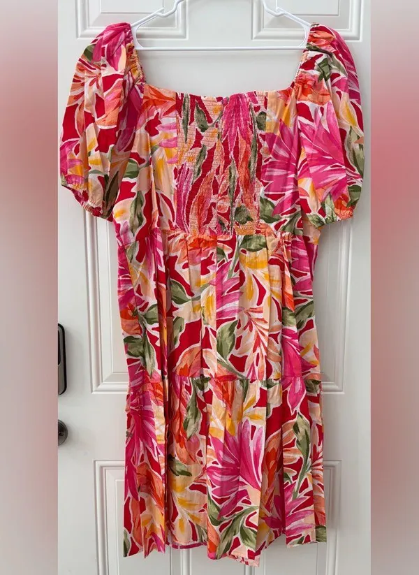 NWT Vince Camuto Size 22W Pink Multi Floral Print Puff Short Sleeve Midi Dress - Image 2