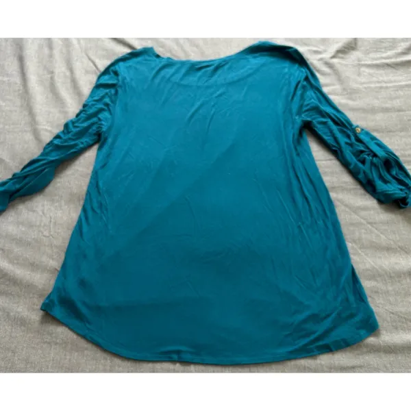 Cable & Gauge Teal Blue Ruched Button Tab Sleeve Scoop Neck Top Large - Image 11