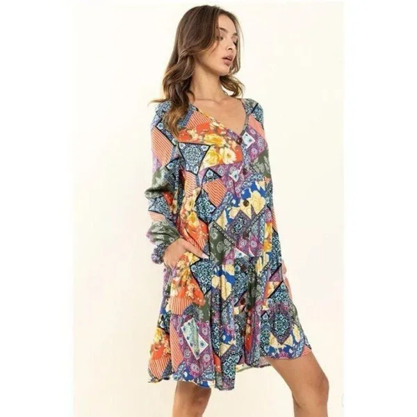 Ces femme Women Small Artsy Folksy Bohemian Patchwork Colorful Fall Chic Dress - Image 2