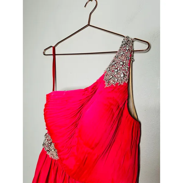ASHLEYLAUREN Hot Pink Pleated Crystal Pearl Beaded One Shoulder Gown Size 8 - Image 12