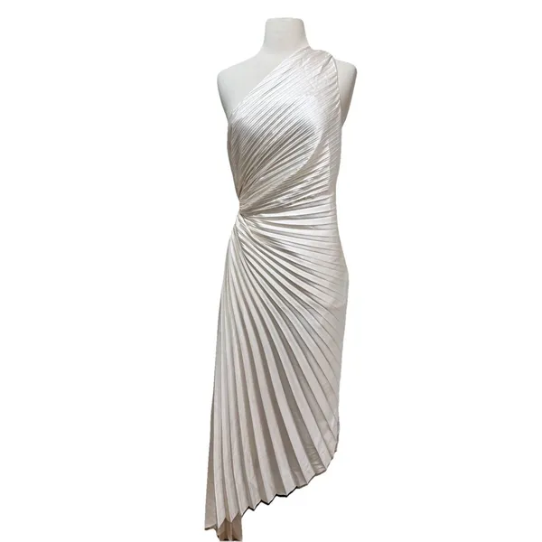 Dress Forum Olympia One Shoulder Pleated Asymmetric Maxi Dress Medium Ivory HOCO - Image 2