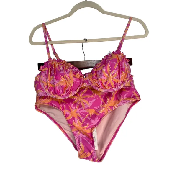 CUPSHE Pink Orange Palm Leaf Ruffle Bikini‎ Swimsuit Set Size L - Image 6