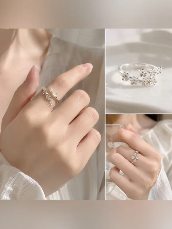 925 Sterling Silver Sakura Blossom Ring Adjustable Korean Floral Open Ring - Image 3