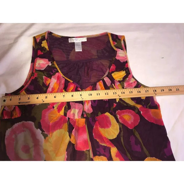 August Silk Mesh Top Size L Abstract Floral Red Purple Y2K Buttons Tank Babydoll Flowy Cool - Image 6