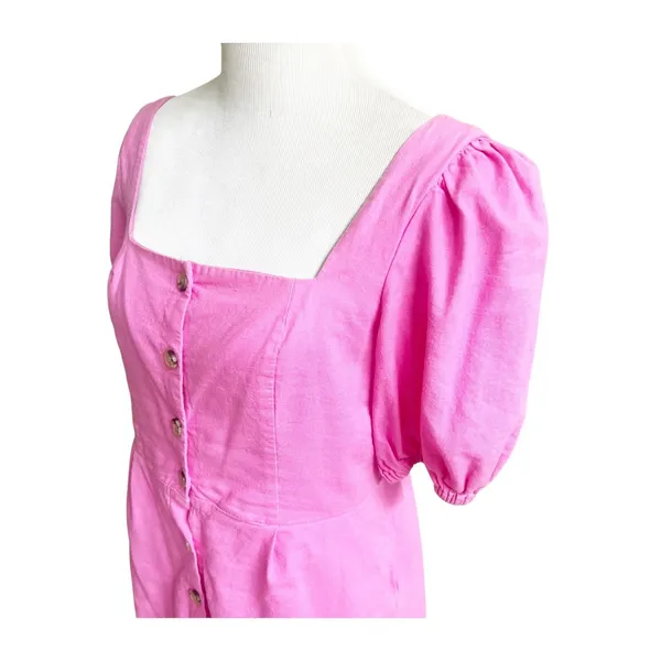 Old Navy Mini Dress Women M Pink Linen Blend Puff Sleeve Button Front Barbiecore - Image 5