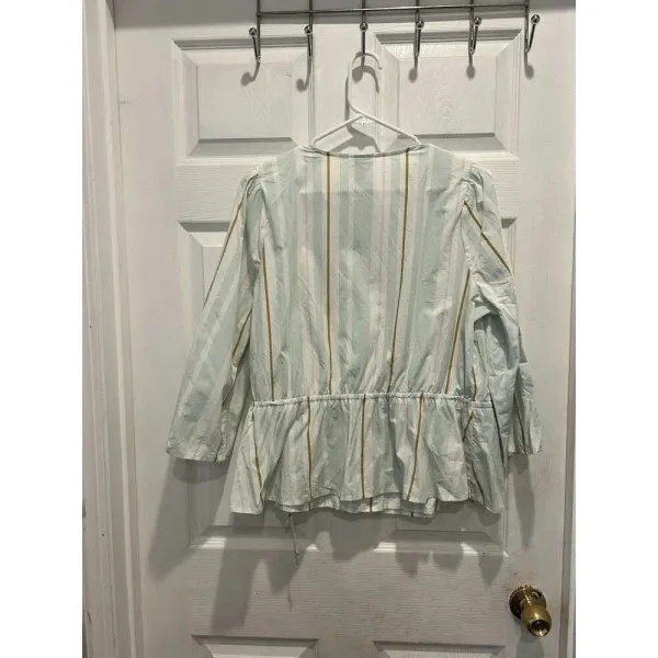 A New Day 100% Cotton Mint Green Striped‎ Faux Wrap Blouse Size Large - Image 5