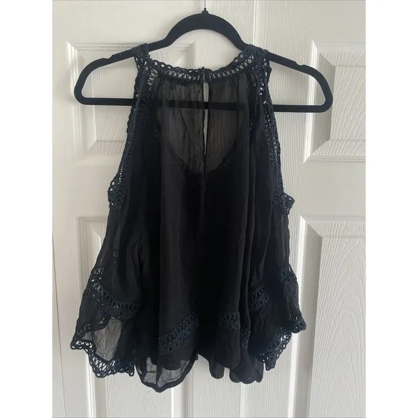 Rebecca Minkoff Cold Shoulder Crochet Lace Blouse Womens Size M Black Boho Sheer - Image 8