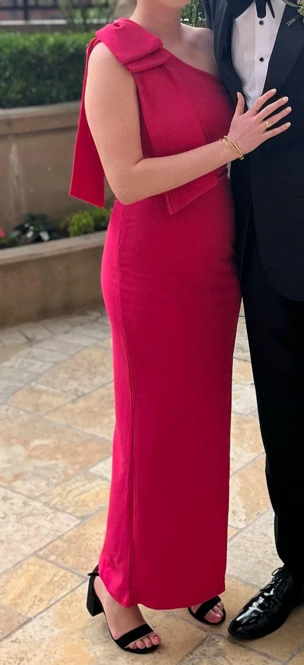 Bright Pink one shoulder formal dress with bow - Image 2