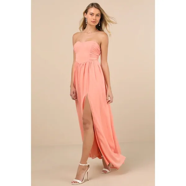 NWT Lulus Luxe Favorite Peach Pink Strapless Ruched Maxi Dress Bridesmaid Size M - Image 8