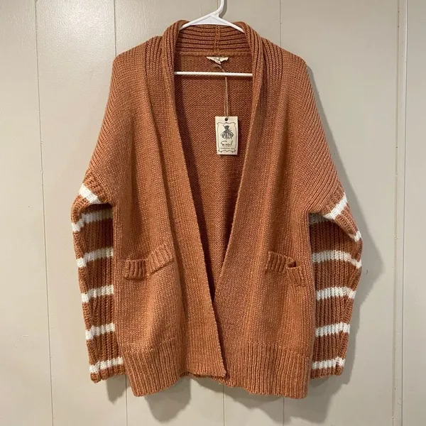 Easel Los Angeles Brown Knit Cardigan White Stripe Sleeves Open Front Size M - Image 2