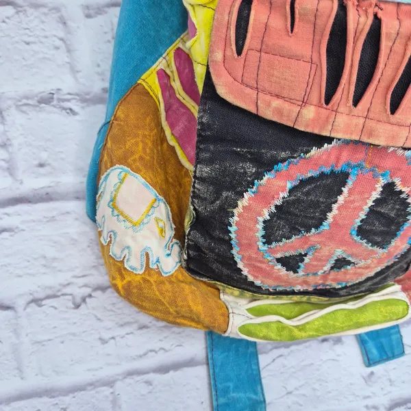 Nepal Cotton Patchwork Backpack Boho Hippie Festival Razor Cut Peace Sign Bag - Image 4