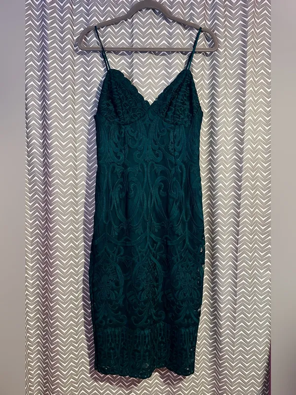 Bardot | Gia Forest Green Lace Bodycon Midi Dress, 8/M - Image 3